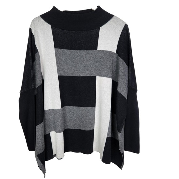 PLANET by Lauren G Sweater Womens One Size Black Gray Striped Poncho Pullover - Picture 1 of 12